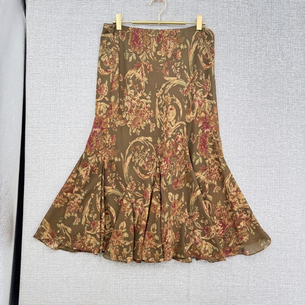 LRL Ralph Lauren Floral Midi Skirt Women S Brown Fairy Luxury Flare Academia